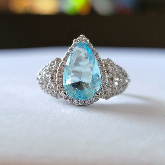 Jewelry - Blue Topaz Cubic Zirconia Sterling Silver Statement Ring Size 8